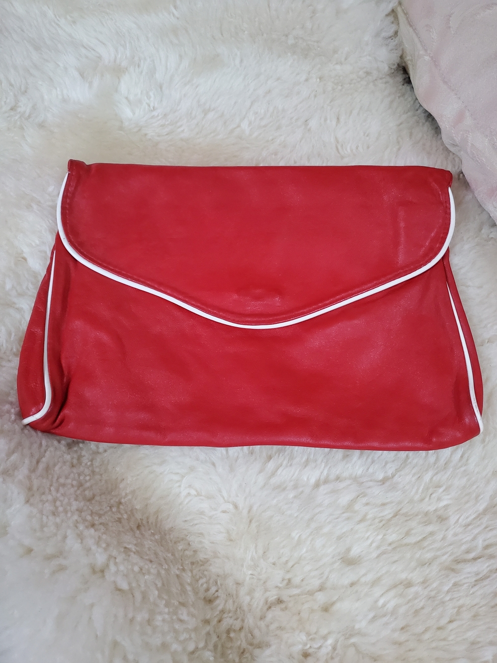 Vintage Red Envelope Clutch with White Piping - Women's Bag Gemuine Leather